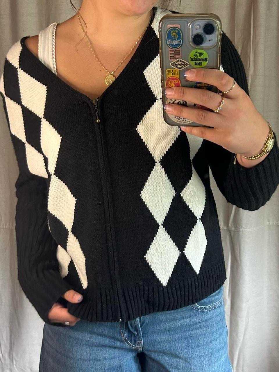 Teddi Black & White Argyle Zip-Front Women's Cardigan